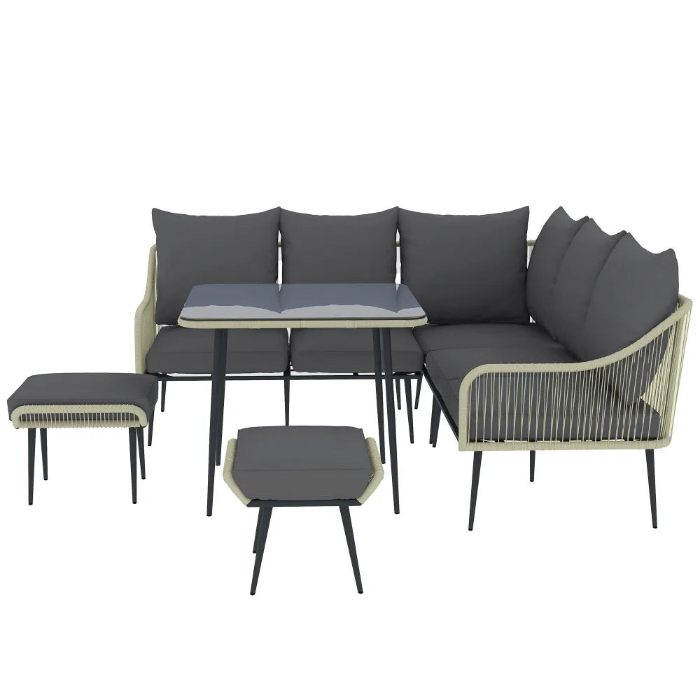 6 Piece Garden Corner Sofa Set with Glass Table & Footstools