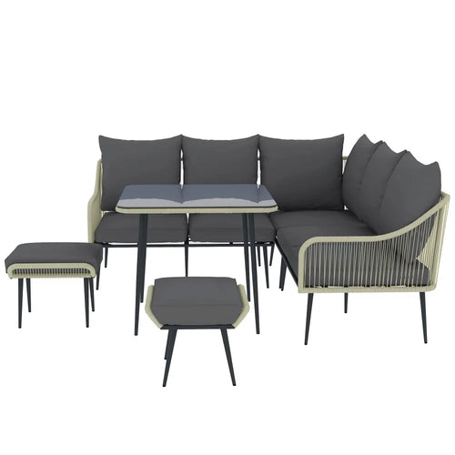 6 Piece Garden Corner Sofa Set with Glass Table & Footstools