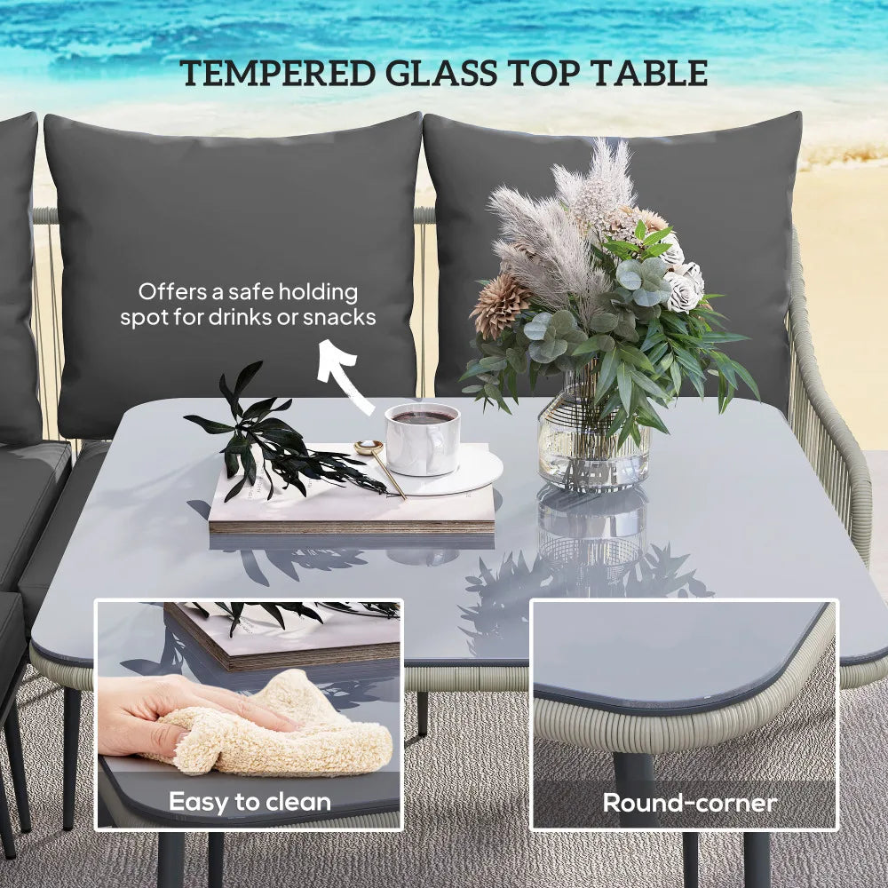 6 Piece Garden Corner Sofa Set with Glass Table & Footstools