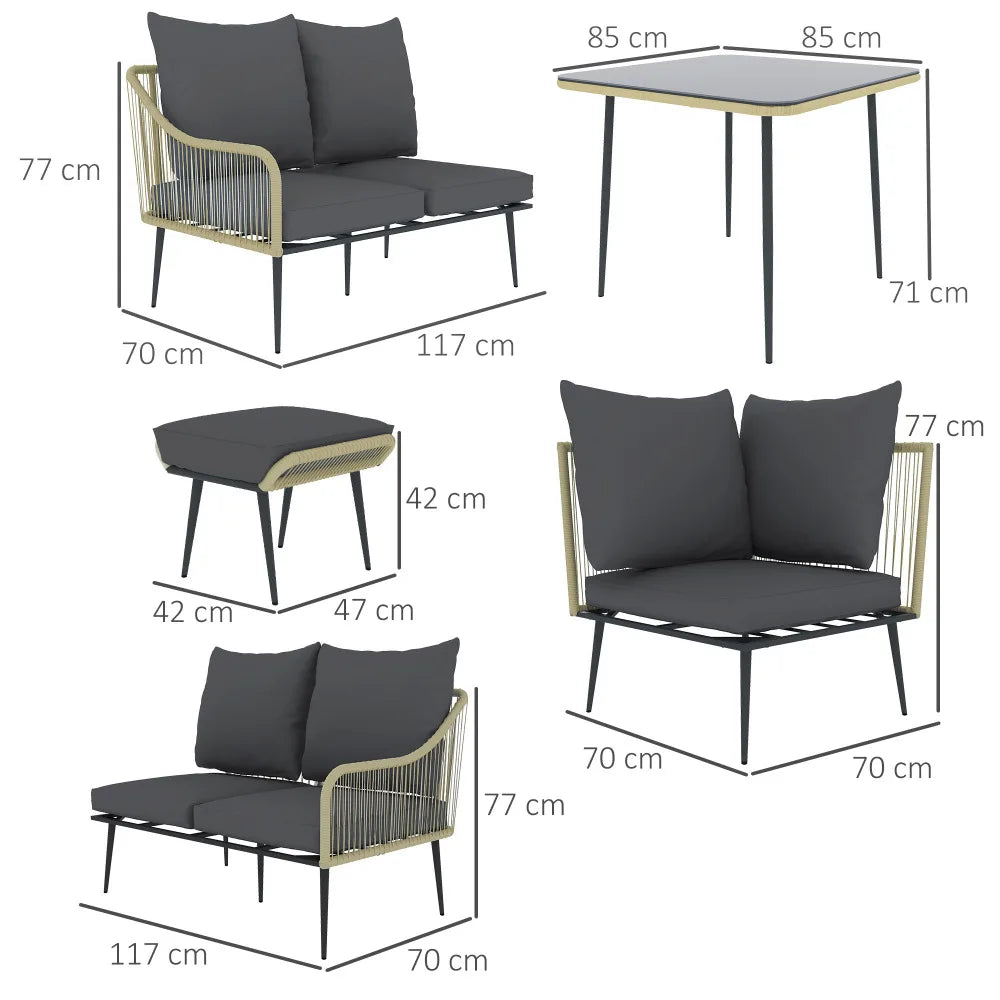 6 Piece Garden Corner Sofa Set with Glass Table & Footstools
