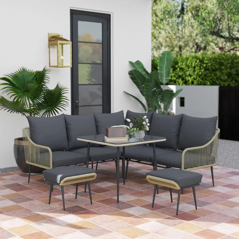6 Piece Garden Corner Sofa Set with Glass Table & Footstools