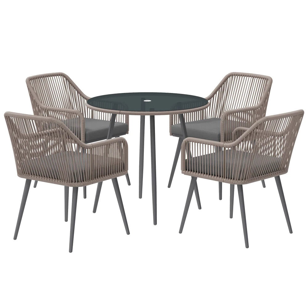 4 Seater Rattan Garden Dining Set with Glass Table & Parasol Hole